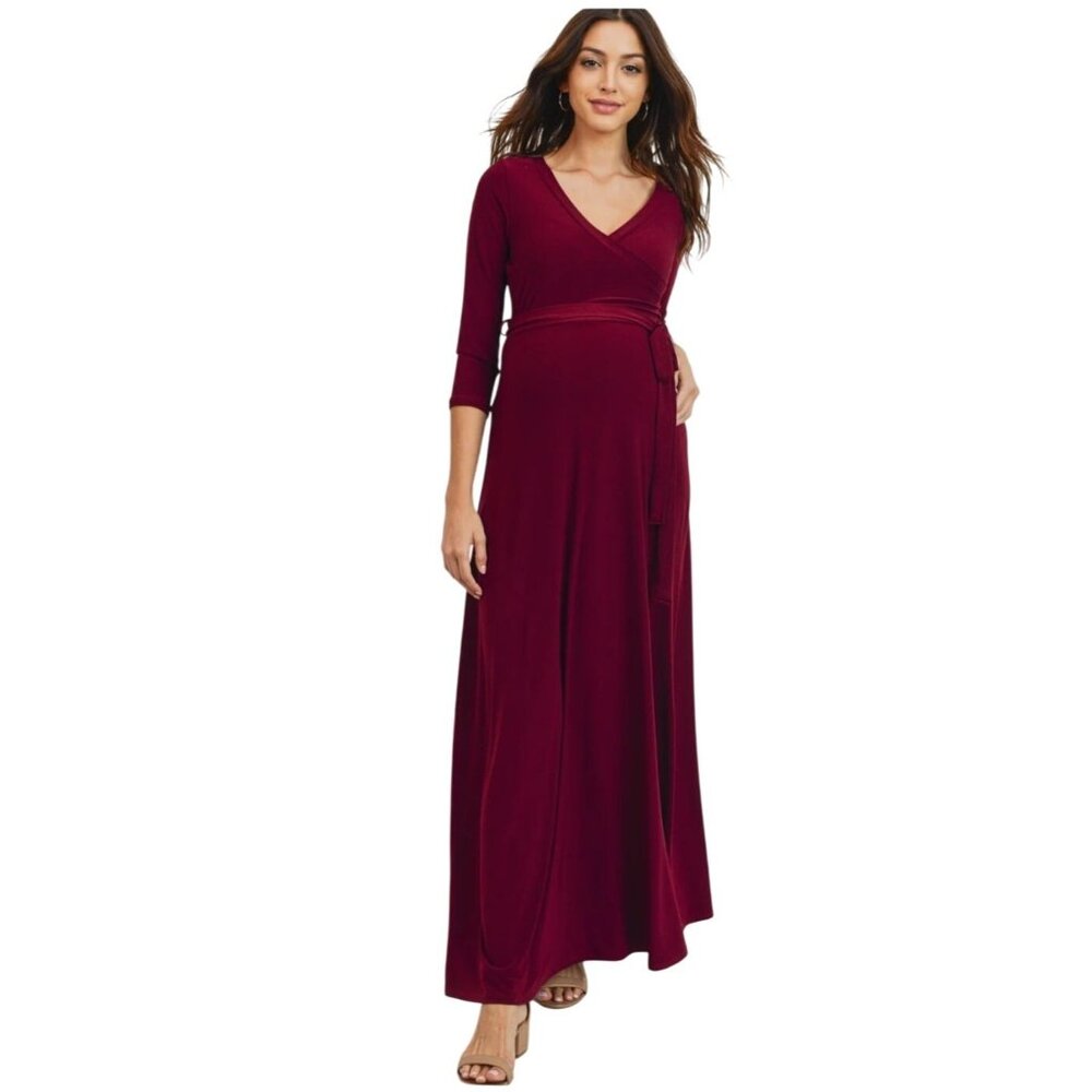 Womens Maternity Tie Front Wrap Maxi V- Neck Dress Size Large Burgundy Elegant